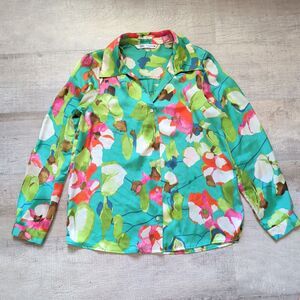 Zara Woman Floral Printed Button Up Shirt Size Small S Green *Read